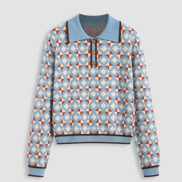 Cider Tops - Cider Geometric Knit Polo Sweater in Light Blue, Brown, White
